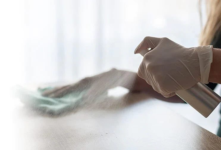 Cleaning the table with white plastic gloves